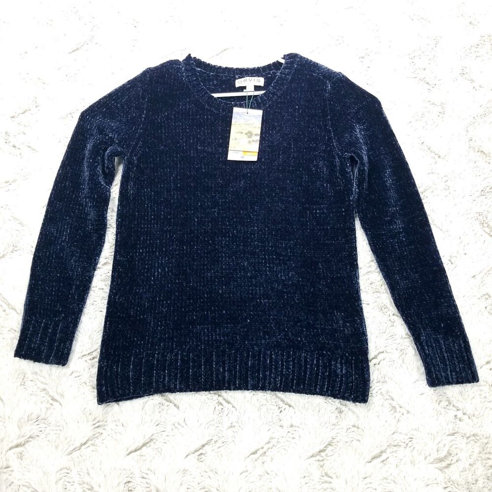 Orvis Chenille Pullover Sweater Dark Blue‎ Velvet Crew Neck Womens Size XS